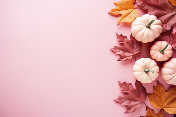 White pumpkins and autumn leaves on pink background - obrazy, fototapety, plakaty