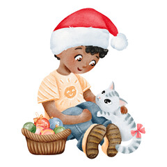 Watercolor merry Christmas composition. The boy in new year hat strokes the cat. African American teenager is sitting with his pet. decorative background for greeting card, bauble decorations, books