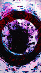 Watercolor spatters. Color portal. Purple red liquid splash in dark circle frame abstract...