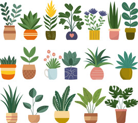 set of houseplants in pots in doodle style, vector