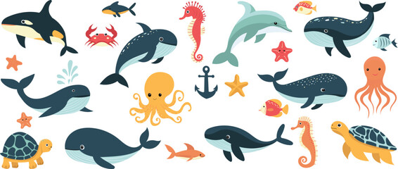 set of marine inhabitants, sea fish, whale, dolphin, fish in doodle style, vector