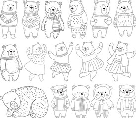 set of bears in clothes childrens coloring book, collection of bears characters vector