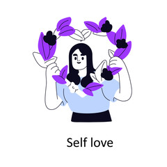 Self-love, acceptance concept. Happy girl holds heart, flower wreath. Woman with healthy esteem, harmony with herself. Psychology, mental health. Flat vector illustration isolated on white background