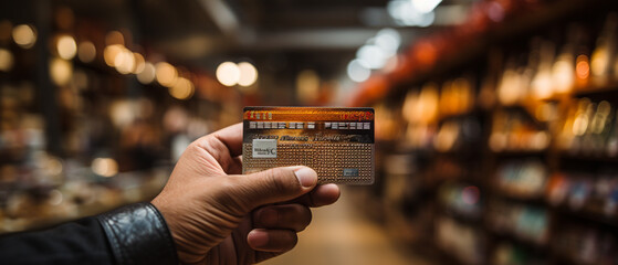 Bequeme Bezahlung: Hand hält Kreditkarte für Einkauf im Einzelhandelsgeschäft - obrazy, fototapety, plakaty