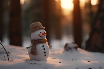 Obraz premium Little adorable snowman in forest. Close up view. generative AI
