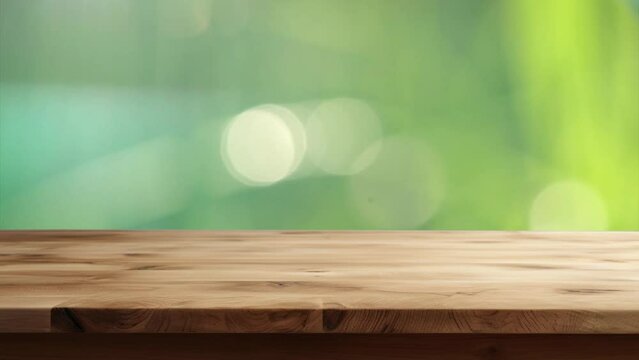 Empty wooden table with blurred green nature background, product presentation display. Slow motion