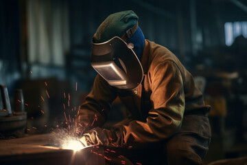 Welder at work in factory. Generative Ai