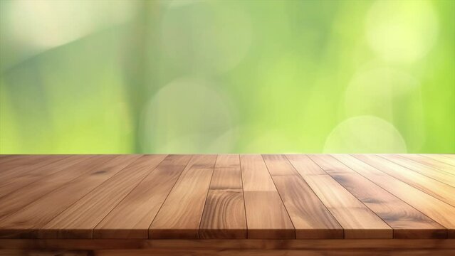 Empty wooden table with blurred green nature background, product presentation display room. Slow motion