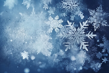 Blue Christmas festive background with snowflakes and copy space. Generative Ai
