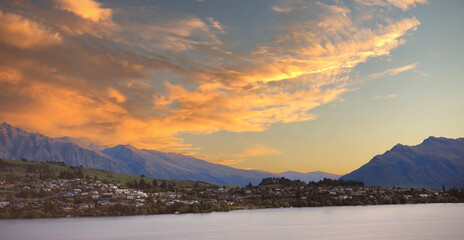 The sunset view with lakeside in Queenstown ,New zealand