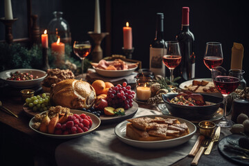Fototapeta na wymiar Christmas or Thanksgiving festive food on wooden table, top down view. Generative Ai