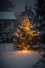 Snow covered Christmas tree illuminated at night, outdoors. Generative AI