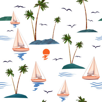 Tropical island, sailboat, sunset, palms seamless pattern, vector illustration