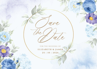 Obraz premium watercolor wedding invitation template set with romantic blue purple floral and leaves decoration