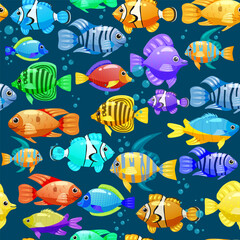 Fototapeta na wymiar Seamless pattern Tropical fishes cartoon. Cute funny underwater characters