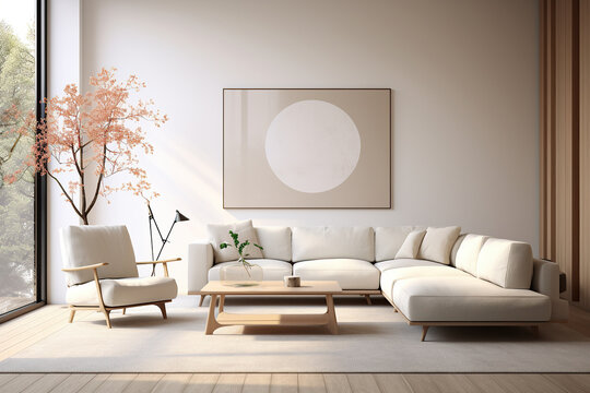 This minimal, scandinavian living room exudes a sense of warmth and serenity with its inviting large couch and stylish coffee table, creating a cozy yet modern interior design