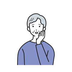 頬に手を当てるシニア女性にシンプルなイラスト
