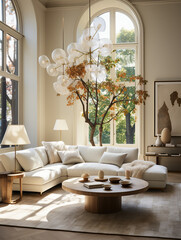 This minimal, scandinavian-inspired living room offers a tranquil oasis with its simple yet inviting interior design, featuring a lush tree and cozy couch as the centerpiece