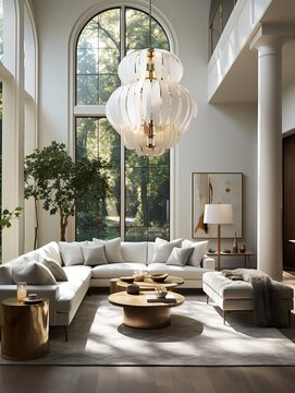 This minimalistic scandinavian interior design showcases a beautiful and airy living room illuminated by a sparkling chandelier and framed by a stunning window, creating an inviting atmosphere perfec