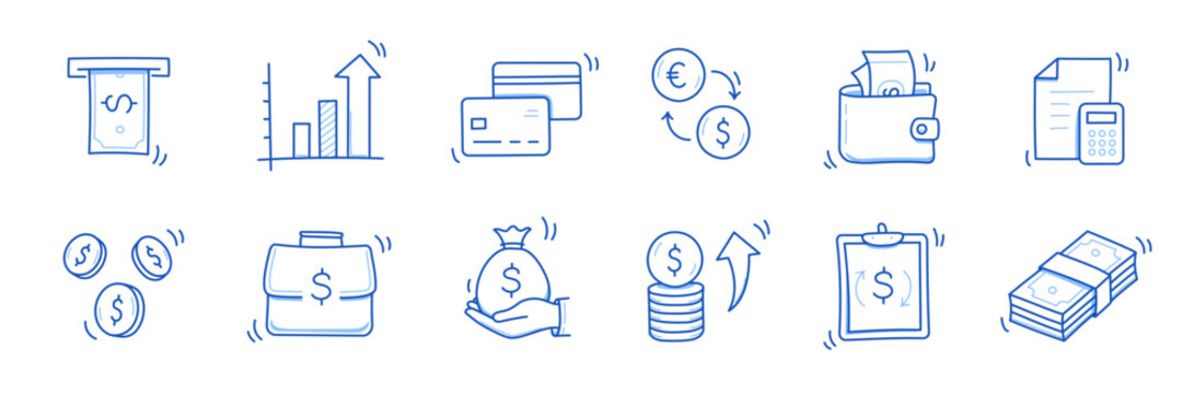 Money cash, coin business doodle icon set. Dollar coin, money profit doodle line sketch business inflation, cash payment. Financial profit, growth icon. Outline editable stroke. Vector illustration