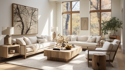 A minimalistic, scandinavian-inspired living room with crisp white furniture radiates a calming, tranquil atmosphere perfect for relaxing and unwinding