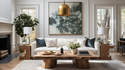 Fototapeta na wymiar A minimalist scandinavian living room is artfully designed, with a large, striking painting above a cozy couch creating a sense of inviting warmth