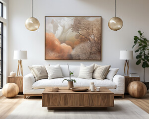 This minimalistic and scandinavian interior design of a living room, with its bright white walls adorned with a captivating painting, evokes a feeling of warmth and coziness - obrazy, fototapety, plakaty