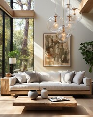 This minimalist, scandinavian-inspired living room interior radiates a tranquil atmosphere, with its cozy couch and stylish coffee table providing a modern, yet inviting aesthetic - obrazy, fototapety, plakaty