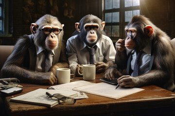 monkey having a work meeting - obrazy, fototapety, plakaty