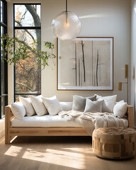 This minimalistic, scandinavian-inspired interior design features a cozy couch nestled in a bright and inviting room, inviting relaxation and comfort - obrazy, fototapety, plakaty