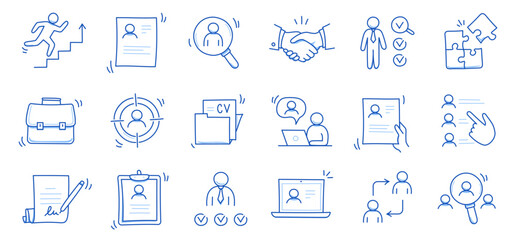 Doodle line icon set work, business job search. Doodle sketch hand drawn style employee search, business work career, company people team icon. Job interview, team person concept. Vector illustration