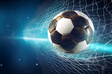 Fototapeta premium Soccer ball in goal net on bright blue background. Soccer ball flew into the goal. Football ball bends the net, against the background of flashes of light. Moment of delight. Generative AI Technology