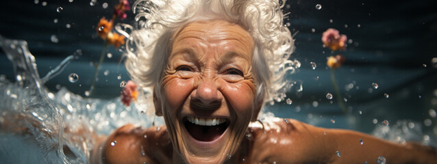 Wasserwelten: Eine ältere Frau taucht ab und schwimmt im öffentlichen Schwimmbad - obrazy, fototapety, plakaty
