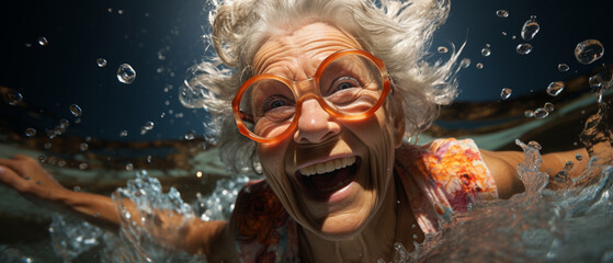 Gesundes Altern: Eine aktive ältere Frau schwimmt unter Wasser im Schwimmbad - obrazy, fototapety, plakaty