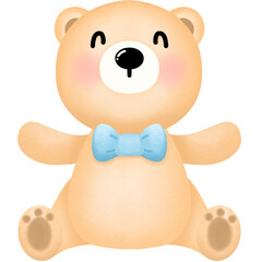 A cute little bear wearing a blue bow is super cute. used as an illustration
