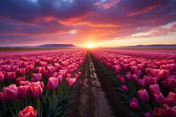 Fields Of Tulips In Bloom, Generative AI.