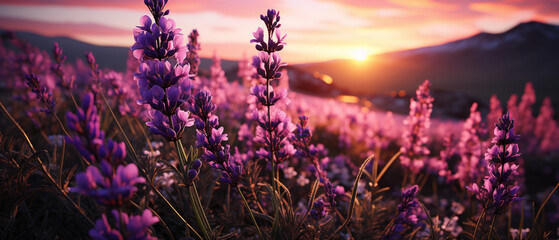 Natürliche Schönheit: Ein Bild von einer malerischen Lavendelwiese mit bunten Wildblumen - obrazy, fototapety, plakaty