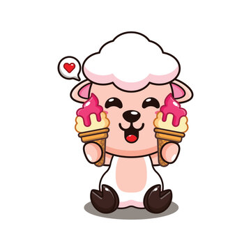 cute sheep with ice cream cartoon vector illustration.
