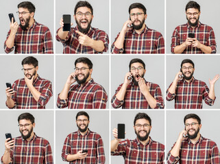 Set of handsome emotional man using mobile phone