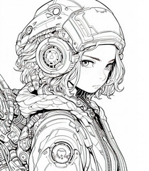 Beautiful young woman artwork for adult coloring book page with mandala elements and steampunk art style - Generative AI