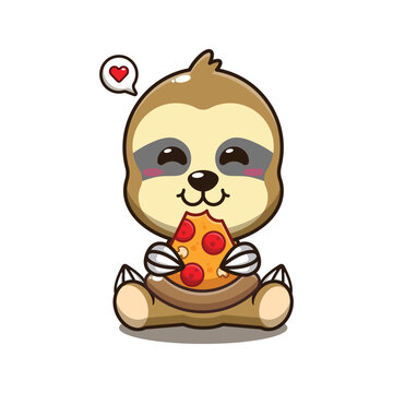 cute sloth eating pizza cartoon vector illustration.