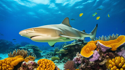 A close-up view of a lemon shark, its vivid yellow hue standing out against the vibrant colors of the coral reef Generative AI