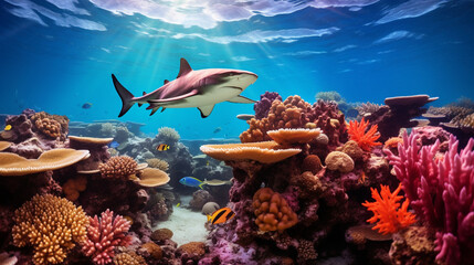 A breathtaking image of a hammerhead shark patrolling a vibrant coral reef, surrounded by a diverse ecosystem Generative AI