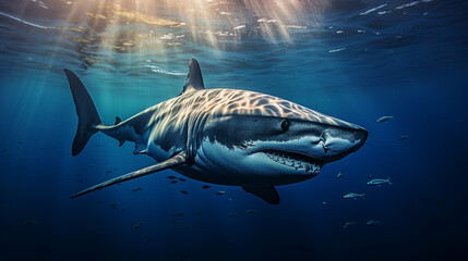 Fototapeta premium A mesmerizing shot of a mako shark, known for its incredible speed, gliding effortlessly through a sunlit underwater scene Generative AI