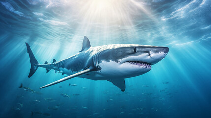 Fototapeta na wymiar A mesmerizing shot of a mako shark, known for its incredible speed, gliding effortlessly through a sunlit underwater scene Generative AI