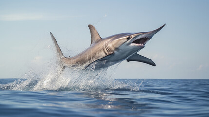 A striking photograph of a thresher shark leaping out of the water, showcasing its acrobatic skills and unique tail Generative AI