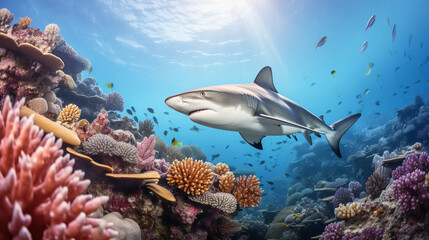 A serene scene of a shark gracefully gliding through a coral reef, highlighting the delicate balance of marine life Generative AI