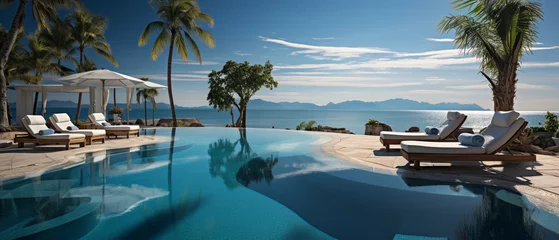 Foto op Plexiglas Luxuriöse Entspannung: Ein Schwimmbadparadies mit Sonnenliegen und Sonnenschirmen © PhotoArtBC