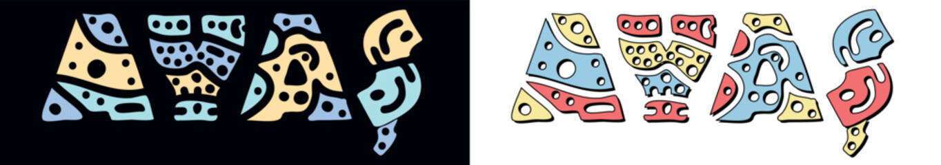 AYAS. Doodle isolate text. Colored curves decorative doodle letters. Folk artwork style. Place in Turkey AYAS for travel print, Turkish tourist booklet, banner, flyer.