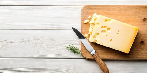 Top view sliced cheese and knife on white wooden board